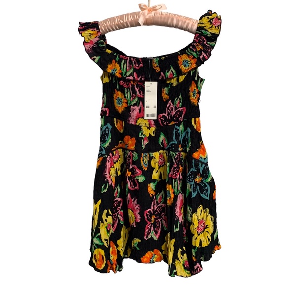 URBAN OUTFITTERS  AUBREY OFF THE SHOULDER SMOCKED RUFFLE MINI DRESS MULTICOLOR - Picture 14 of 15
